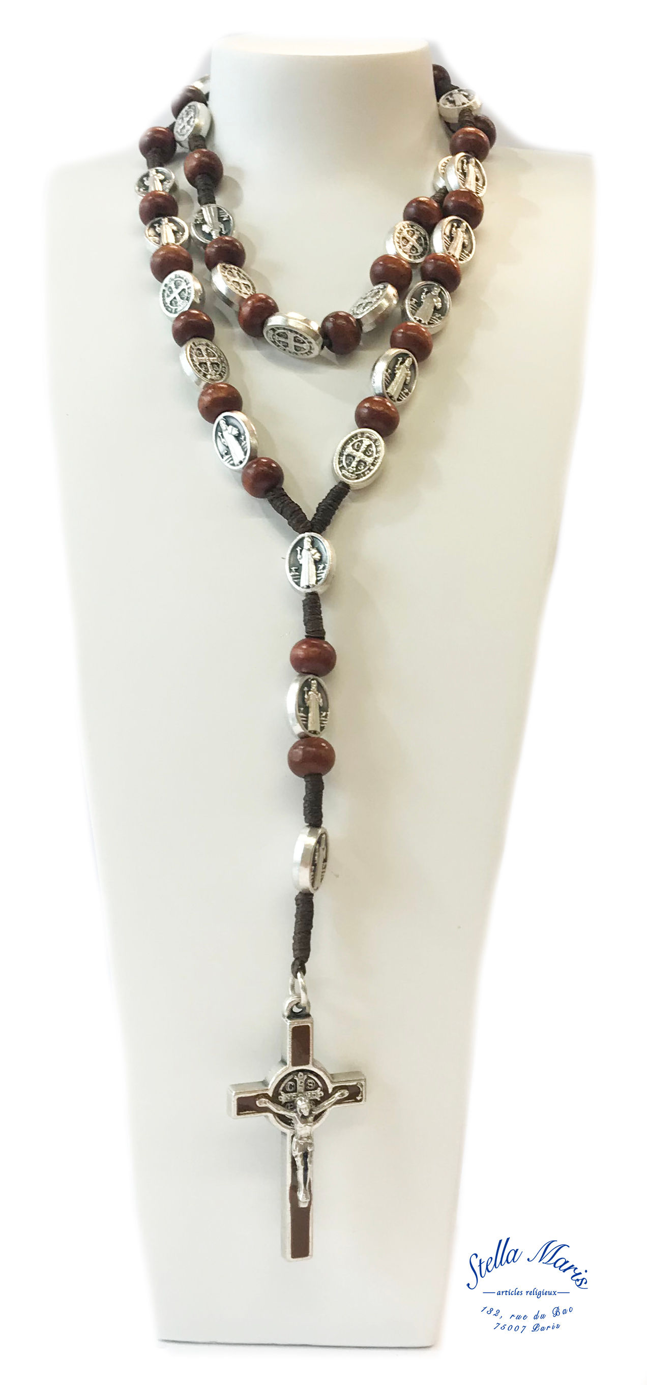 Saint Benedict Wood Rosary - Brown on Cord and Metal
