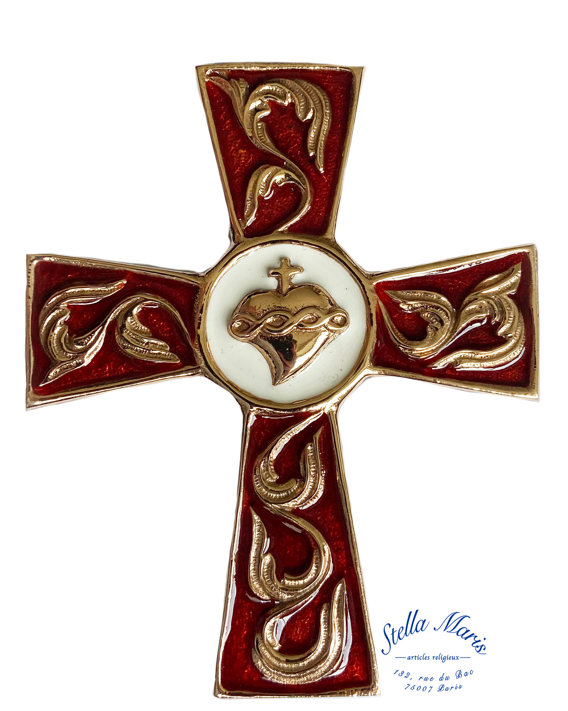 Cruz de Bronce Esmaltado - Sagrado Corazón - Rojo y Blanco