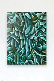 Blue-green abstract and cubist painting of an oak tree.