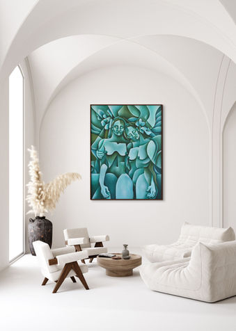 Blue and green painting titled 'Confluence' on a wall in a white bohemian living-room.