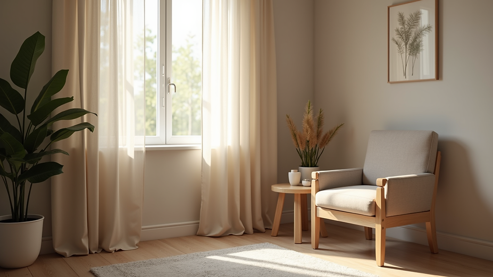 Eye-level view of a quiet therapy room with a comfortable chair and soft lighting