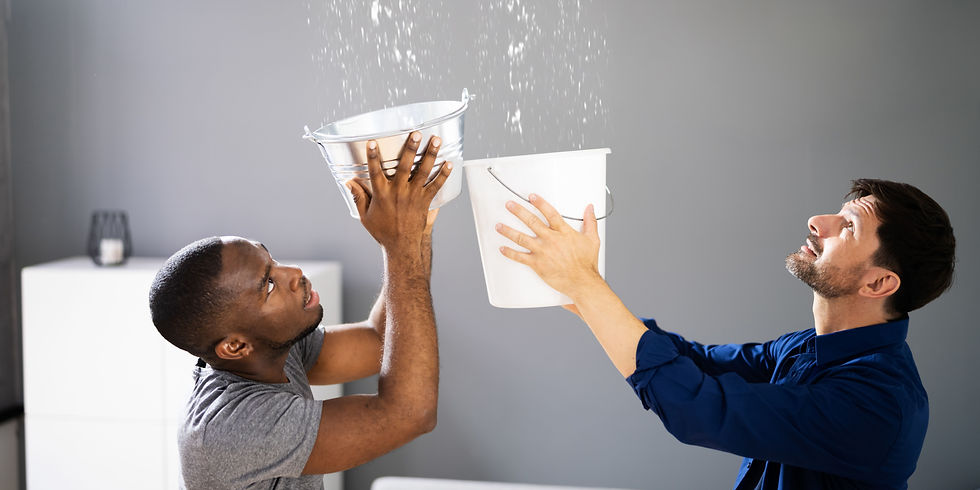 Two men catching water from a leaking ceiling with buckets.
