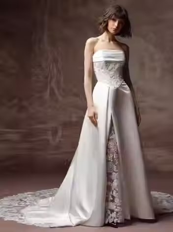Strapless Maggie Sottero Wisteria A-line wedding dress with lace bodice and satin skirt with front slit — Majesty Bridal, Danbury CT