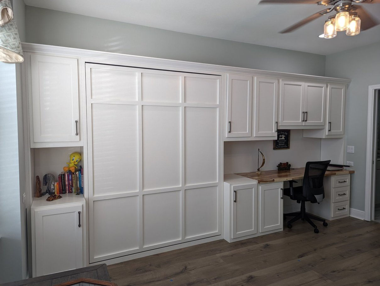 Painted Office Wall Unit that includes drawers, doors and a murphy bed in White