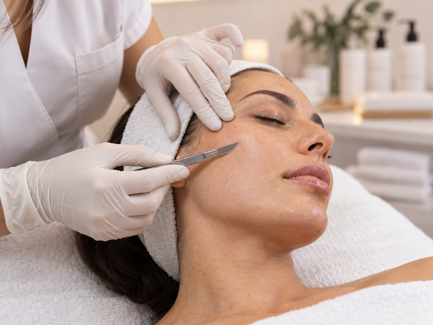 Dermaplaning treatment using a sterile scalpel on the cheek