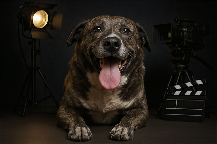 Perrito en un entorno de rodaje profesional, representando campañas audiovisuales con mascotas para medios y marcas