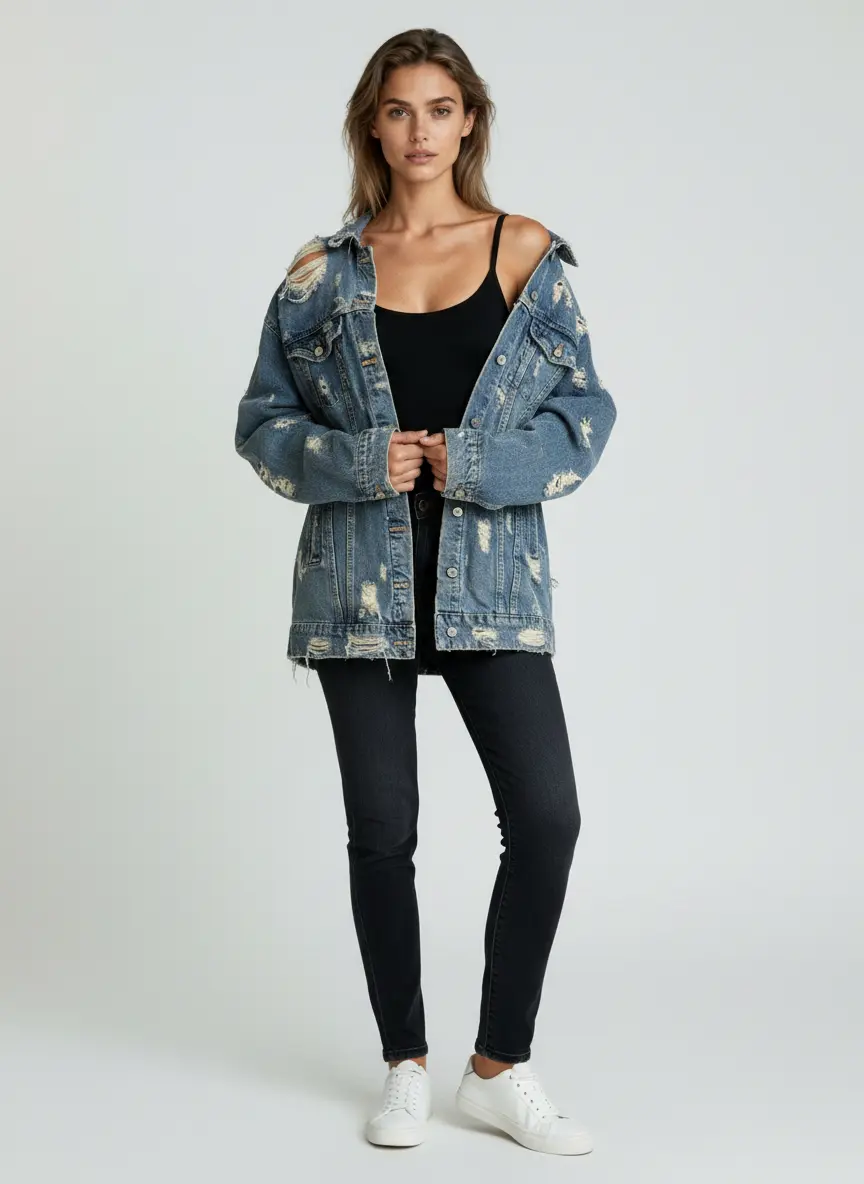 Thumbnail: Zara distressed denim long jacket – Size S