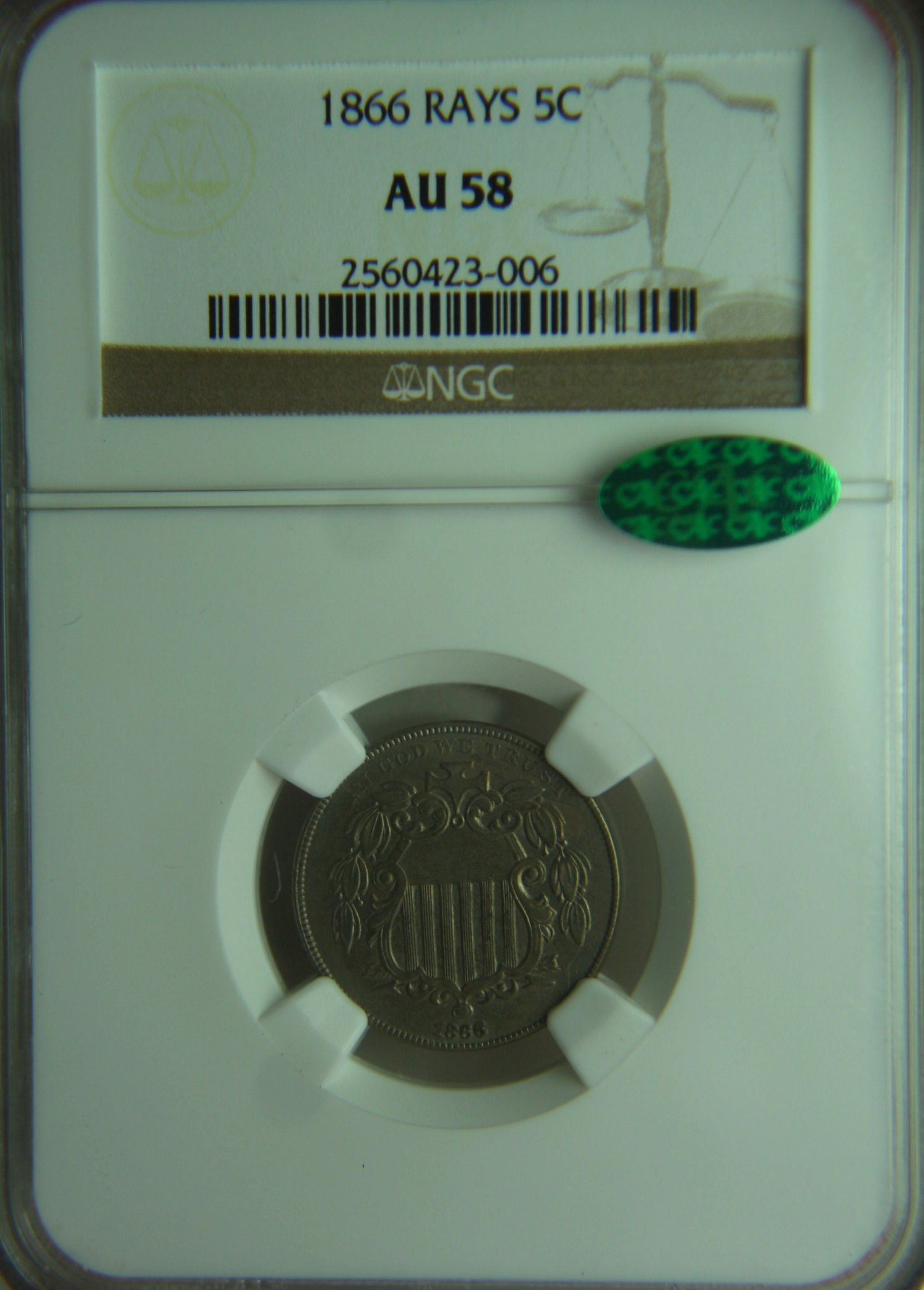 1866 Shield Nickel with Rays NGC AU58 & CAC