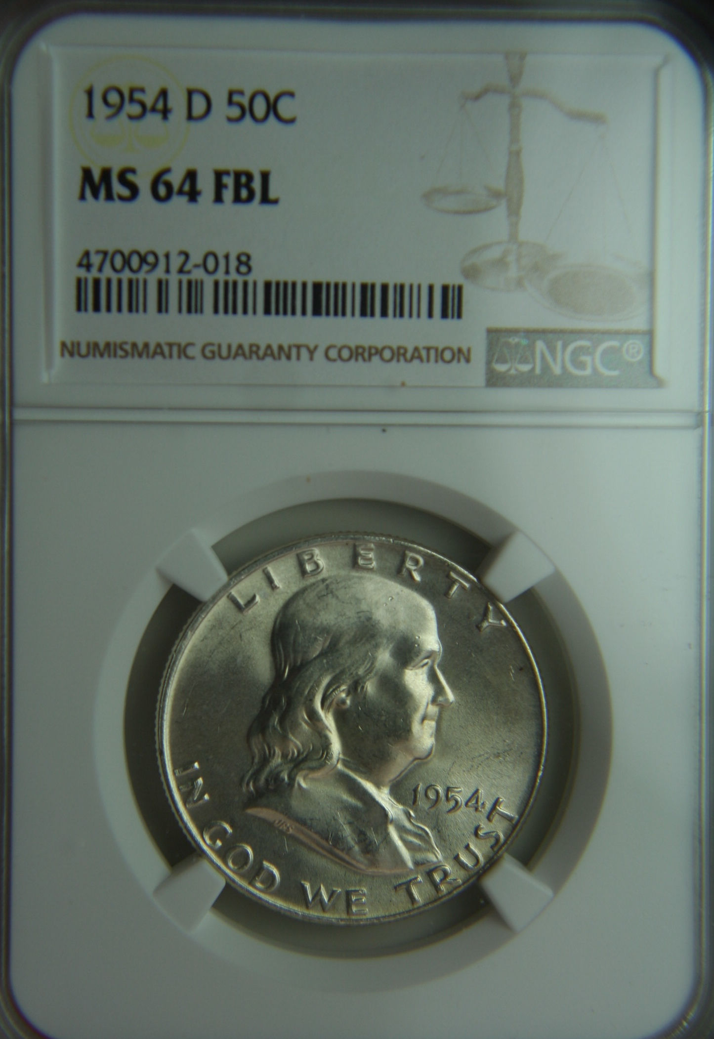 1954-D Franklin Silver Half Dollar NGC MS64 FBL