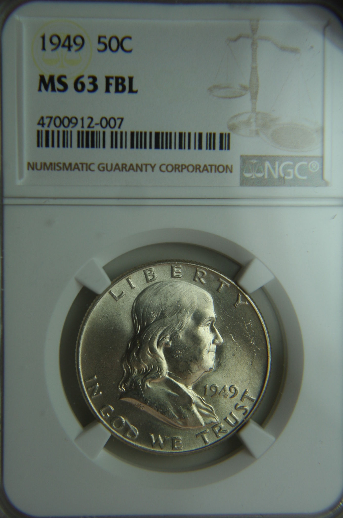1949 Franklin Half Dollar NGC MS63 FBL