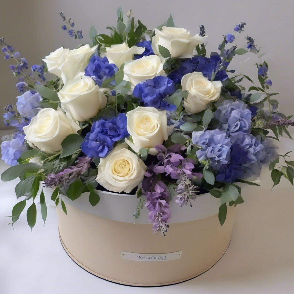 calm and clarity, flower hatbox with lavender, hydrangea, eucalyptus & white roses