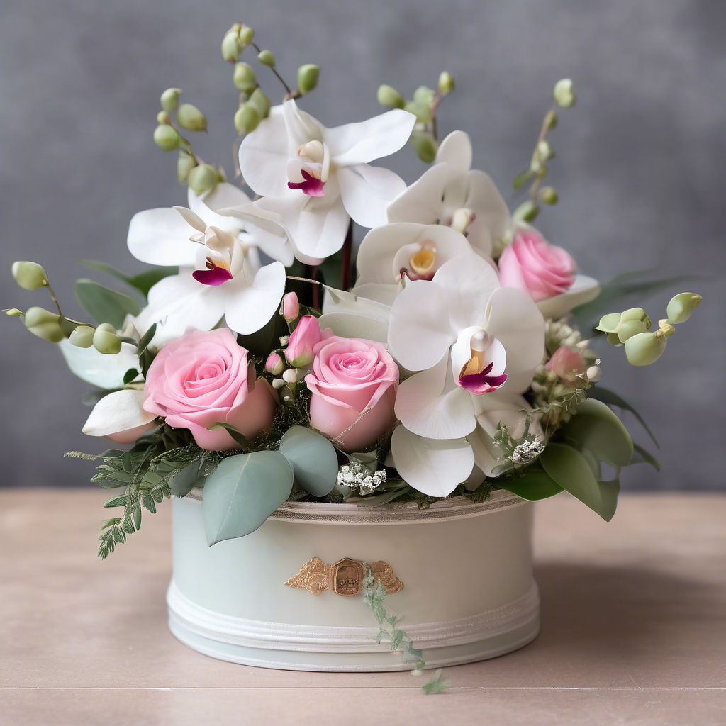 a petite hat box flower arrangement with white orchids and pinks roses and silver grey foliage