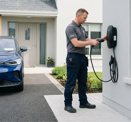 Installateur controleert een moderne laadpaal bij een woning met elektrische auto