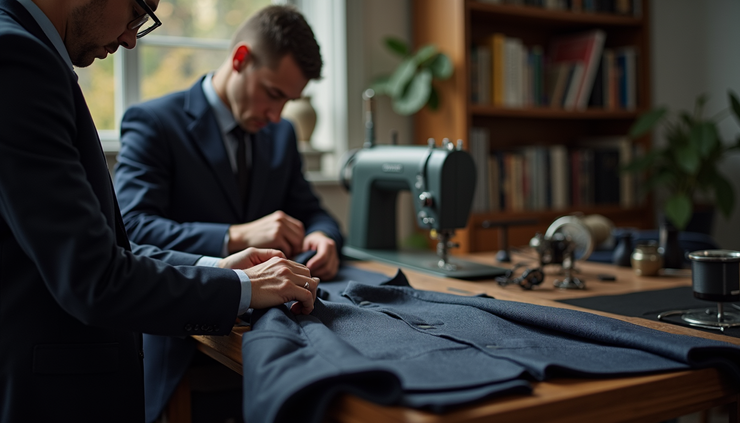 Eye-level view of a tailor adjusting a suit jacket on a mannequin in a bright home studio