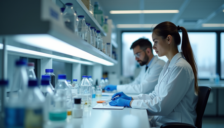 Vista a nivel de ojo de un laboratorio tecnológico con equipos de investigación avanzada