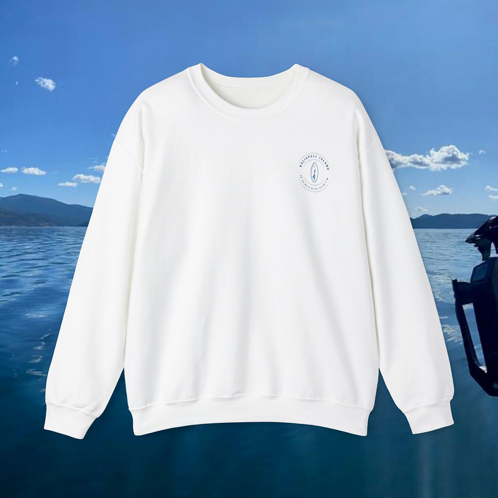 Thumbnail: White sweatshirt front view. Small left chest Kalispell Island Name with GPS coordinates graphic
