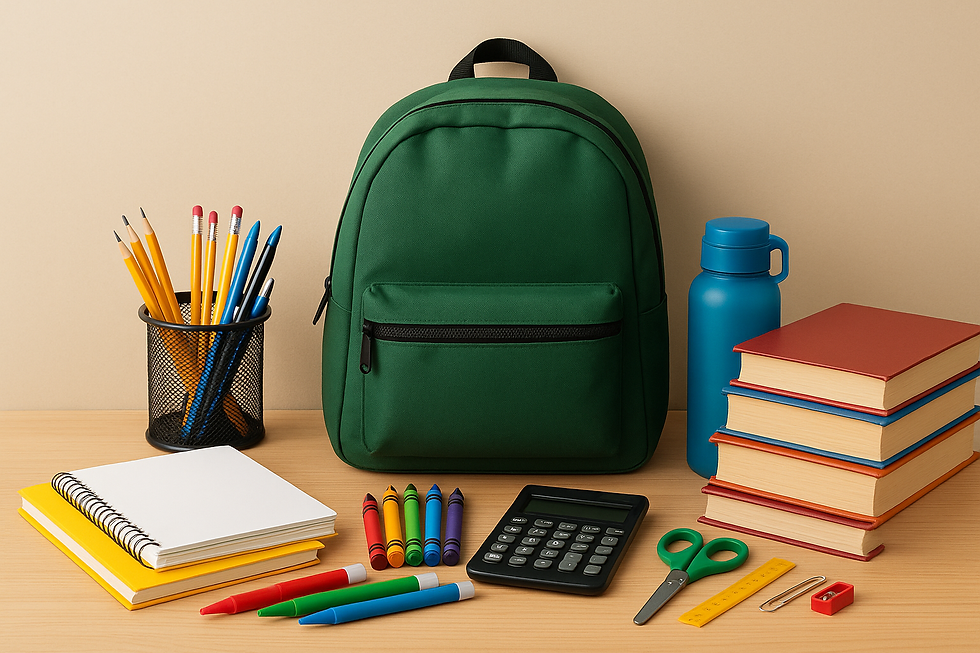 Photo of a backpack with school supplies laid out.