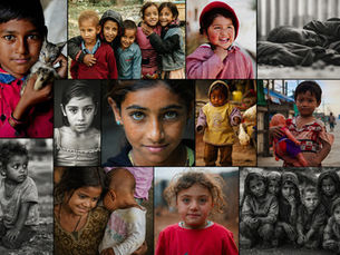 A poignant collage capturing the diverse expressions and resilience of orphaned children from around the world, highlighting their strength, innocence, and the shared humanity that connects us all.