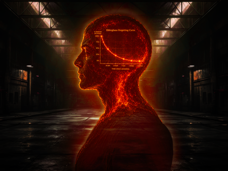 A fiery side profile of a person standing in a dark industrial environment with the Ebbinghaus Forgetting Curve glowing inside the head to symbolize memory retention and learning loss.