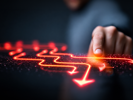 A hand interacts with a futuristic digital interface, pressing a glowing red-orange pathway that branches into multiple illuminated arrows across a dark background.