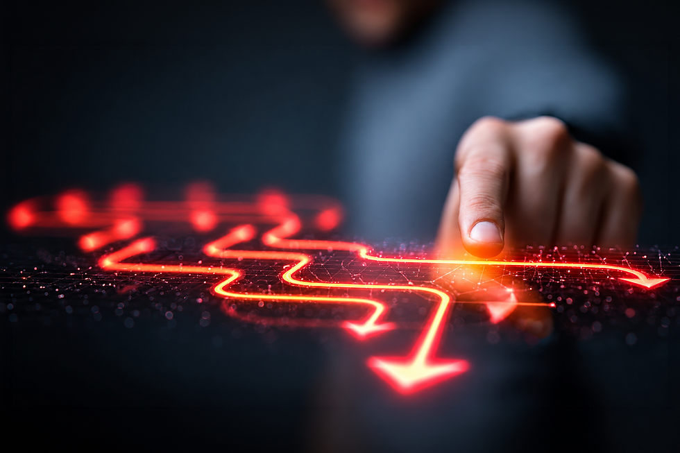 A hand interacts with a futuristic digital interface, pressing a glowing red-orange pathway that branches into multiple illuminated arrows across a dark background.