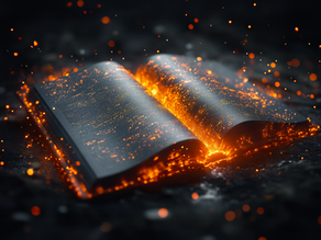 A book sitting on a bed of ashes and embers, glowing with conduits and digital connectors to show the progression from written materials to online ones.