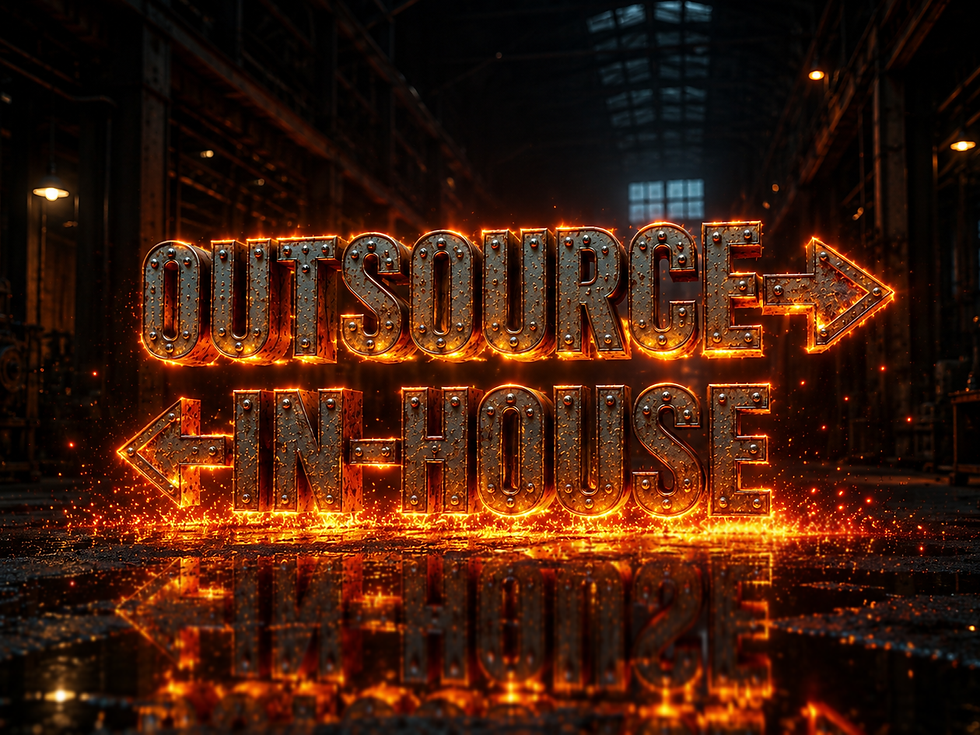 Outsource and in-house text with opposing arrows in an industrial forge setting