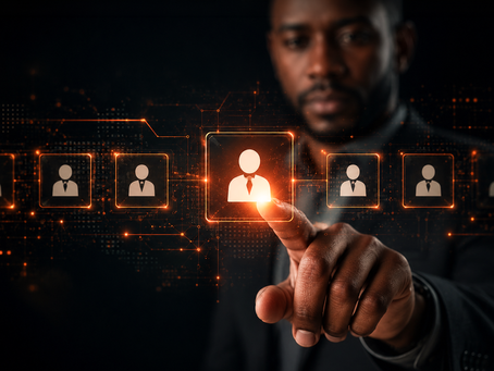A businessman selects a glowing employee profile from a futuristic digital interface displaying connected candidate icons in orange light against a dark background.
