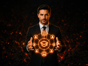 An executive with glowing learning icons between his outstretched hands to show him choosing between learning modalities.