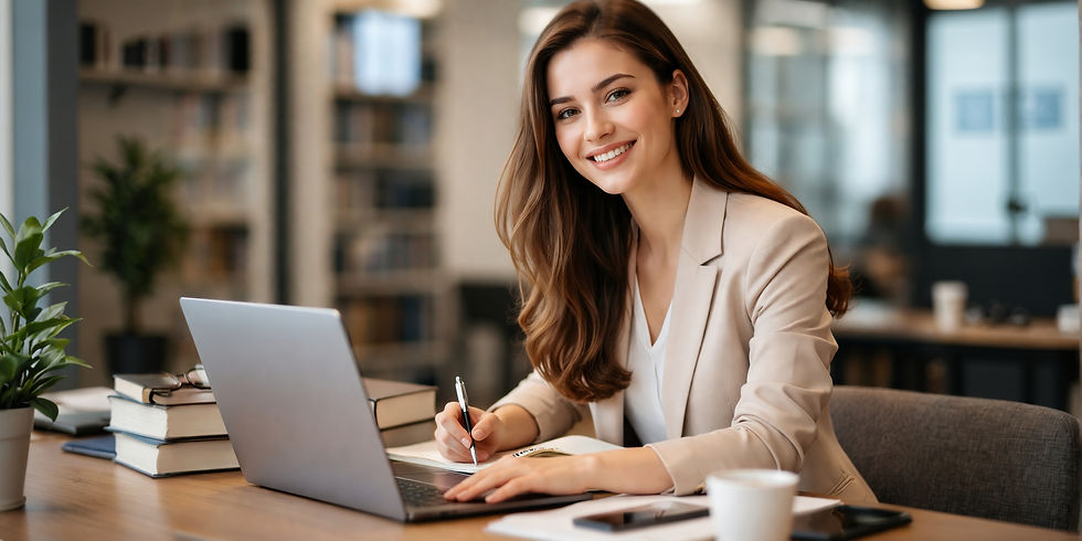 Jurastudentin sitzt am Laptop und lächelt in die Kamera – Bewerbungstraining Jura online.