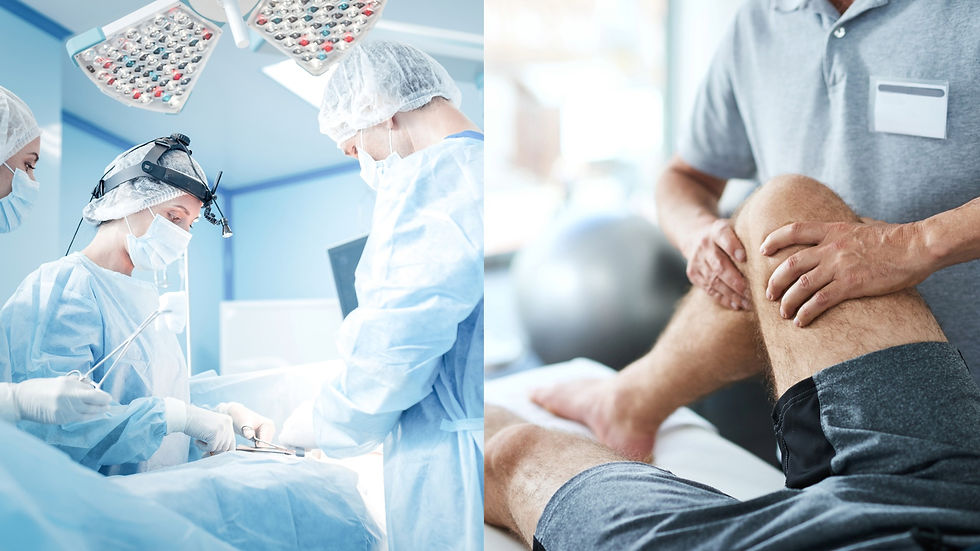 Geteiltes Foto: Auf der linken Seite Operation, auf der rechten Seite eine Situation bei einer Physiotherapie