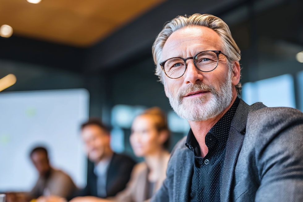 Ein selbstsicher wirkender älterer Mann mit grauem Bart und Brille sitzt in einem modernen Meetingraum und blickt ruhig nach vorn. Seine entspannte, konzentrierte Haltung vermittelt deutlich Selbstbewusstsein als Führungskraft, während im unscharfen Hintergrund weitere Teammitglieder sitzen.