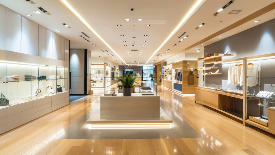 Heller und moderner Laden mit eleganter Warenpräsentation, glänzendem Holzfußboden und präzise integrierter Beleuchtung. Hörl Lichttechnik ist für die innovative Lichtgestaltung verantwortlich, die Produkte hervorhebt und ein angenehmes Einkaufserlebnis schafft.