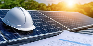  Ein weißer Schutzhelm liegt auf einer Solaranlage, während im Vordergrund technische Pläne mit Diagrammen zu sehen sind. Im Hintergrund scheint die Sonne und beleuchtet die Solarpaneele. Dieses Bild symbolisiert die professionelle Beratung und Planung von Solartechnik Berlin, einem Unternehmen, das auf nachhaltige Energielösungen spezialisiert ist.