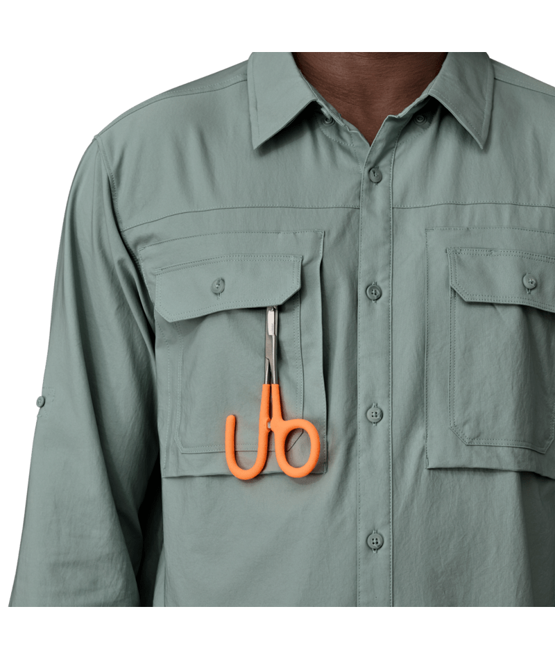 Thumbnail: Patagonia Men's Long-Sleeved Self-Guided Sun Shirt Thermal Blue Modelled Pockets Close Up