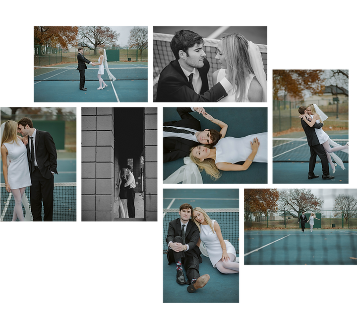 A modern, editorial wedding photography collage featuring a couple on a blue outdoor tennis court. The grid blends color and black-and-white shots, including the couple holding hands across the net, an intimate close-up over the tennis net, the couple standing together in a modern short dress and suit, an embrace in a concrete alcove, the newlyweds lying down together on the court surface, a playful lift in the air, a casual seat on the court, and the couple walking hand-in-hand in the distance.