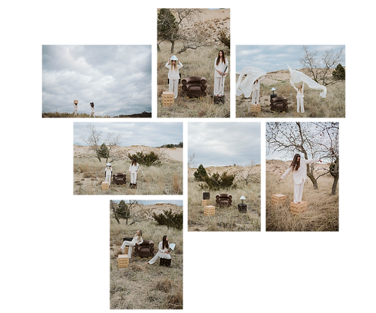 An editorial brand photography collage set in an expansive, grassy field under a dramatic overcast sky. The creative grid includes wide and vertical shots of two models dressed in neutral-toned layers, posing alongside an armchair, a wooden block pedestal, and geometric props. Scenes depict a model balancing on a block, the pair relaxing in a field, and a wide shot showcasing white fabric blowing dynamically in the wind against a rolling dune landscape.