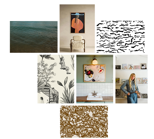 A multi-media design and photography collage showcasing Amy Carroll's artistic portfolio work and custom prints created by ANK Creative Branding Design. The eclectic grid features an image of deep green ocean waves, an interior room scene with an armchair beneath a modern abstract painting of a figure, a bold black and white organic pattern print, an intricate botanical and sketchy line-art illustration, a stylized photograph of a fruit bowl hanging above a white tiled bathroom sink, a portrait of Amy Carroll smiling and in denim standing in an art studio filled with prints, and a textured abstract print in an earthy brown tone.