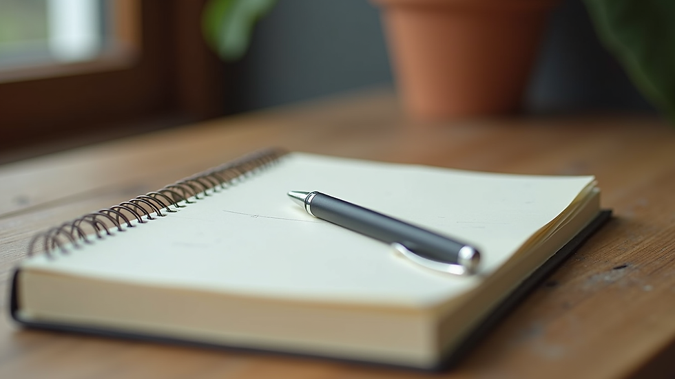 Close-up view of a journal and pen on a wooden table, ready for writing
