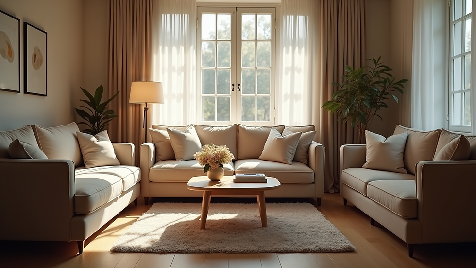 Eye-level view of a cozy living room with soft lighting and comfortable seating