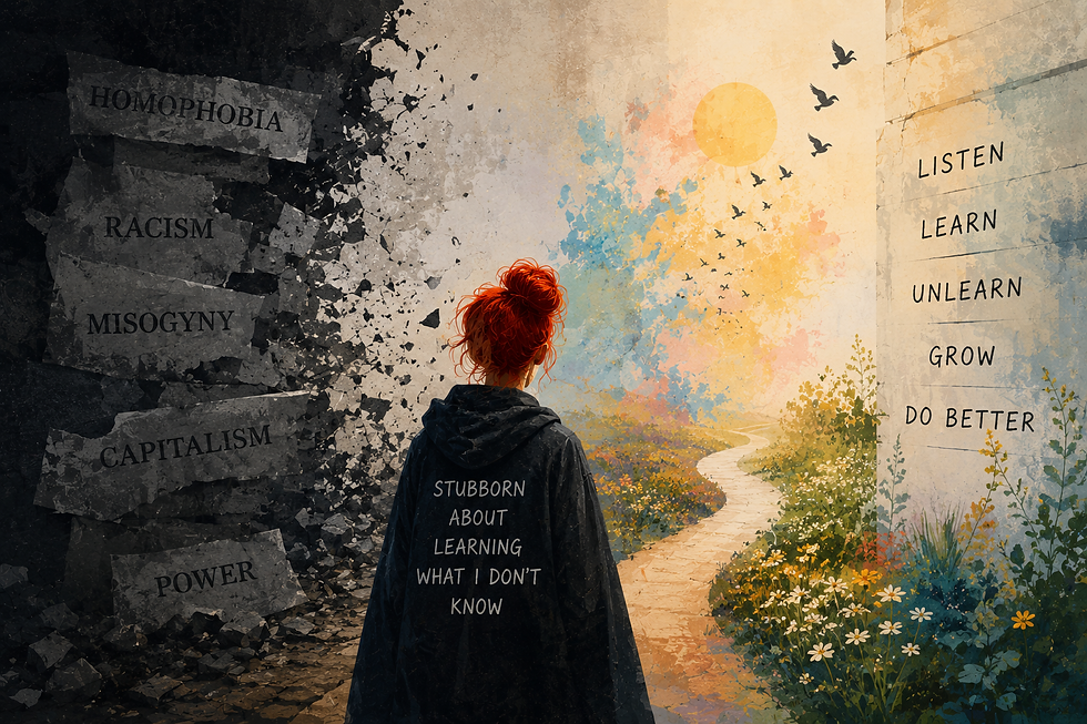 A red-haired figure stands between a crumbling wall labeled with systems of oppression and a bright path filled with flowers and sunlight, symbolizing the choice to question old beliefs, listen, learn, unlearn, and grow.