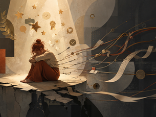 An exhausted red-haired woman sits curled up on a cracked platform beneath a spotlight, surrounded by abstract symbols of praise and achievement while cords, paperwork, and demands pull away from her into darkness, representing burnout, conditional recognition, and the emotional cost of being valued primarily for productivity.