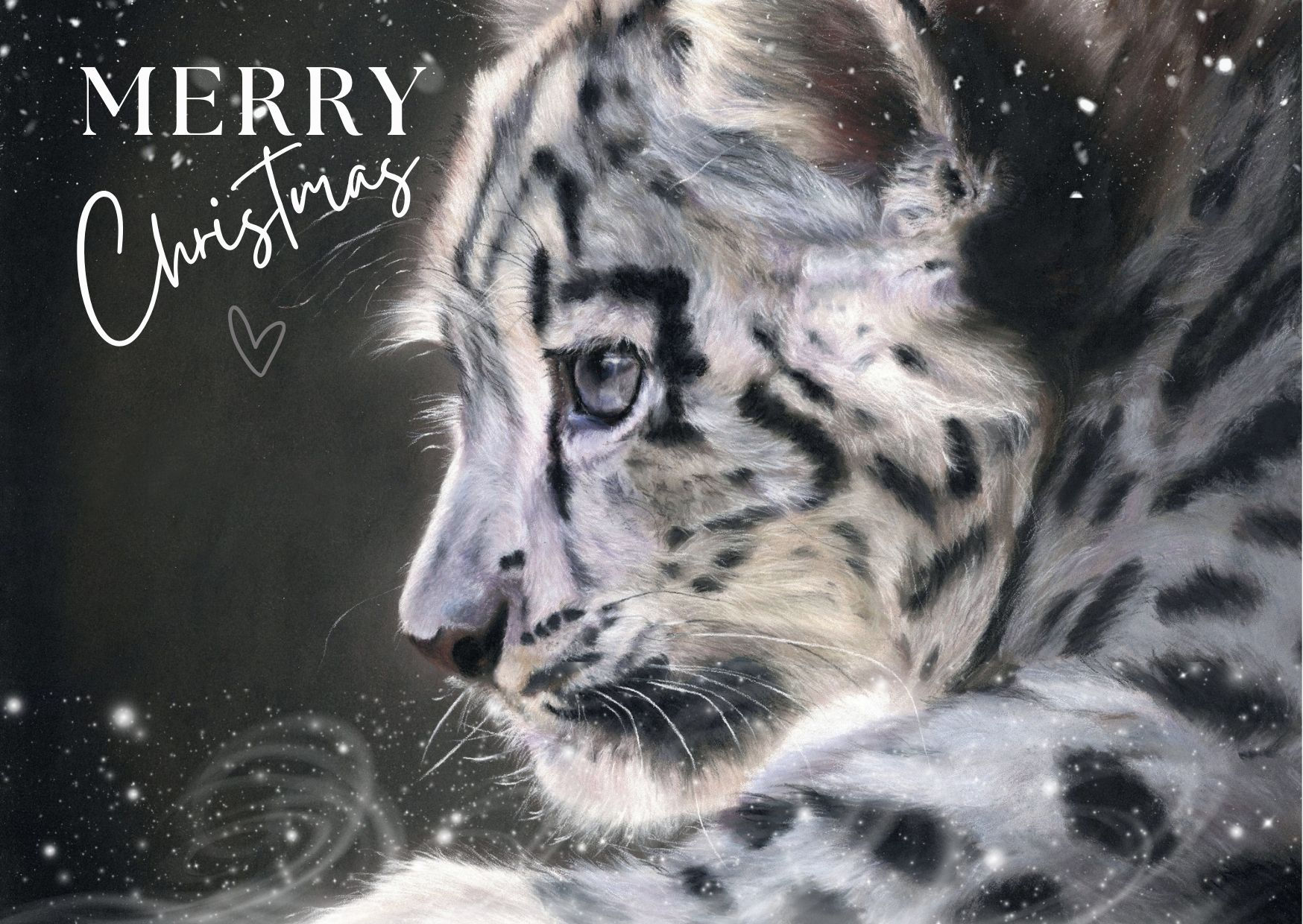 Wildlife artwork Christmas card featuring a snow leopard in a snowy scene