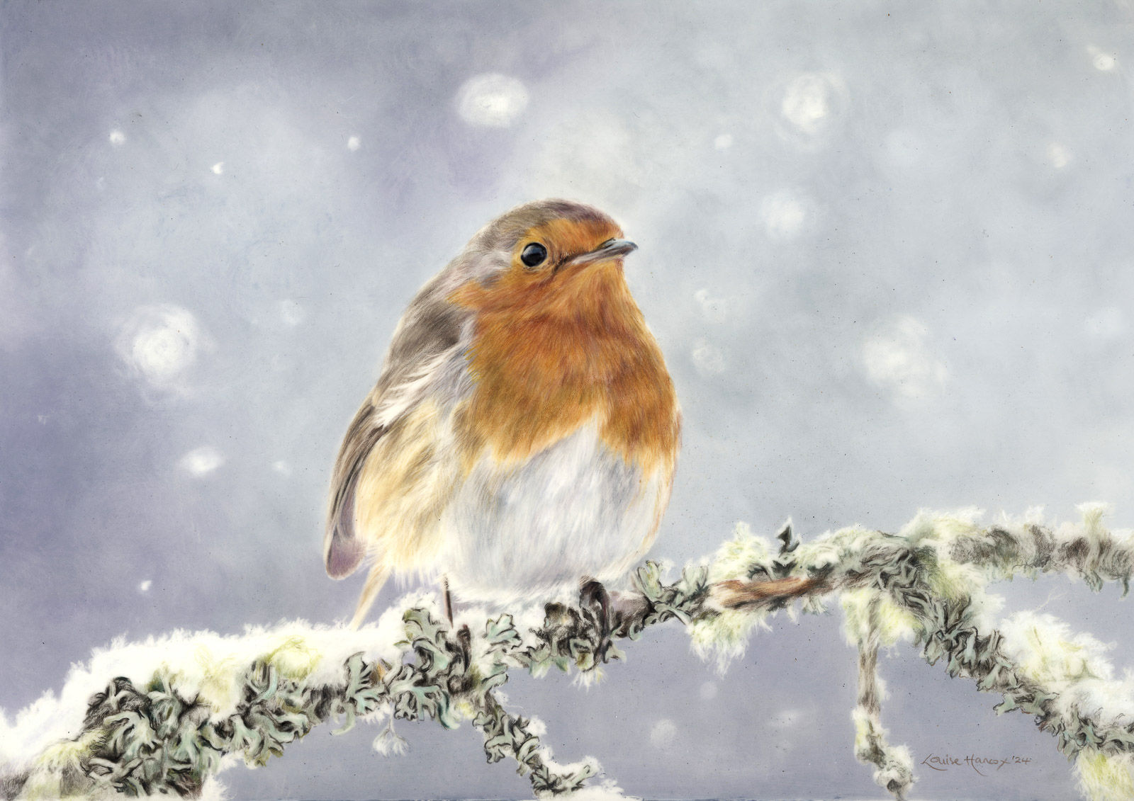 Giclée print of a realistic robin perched on a frosty branch.