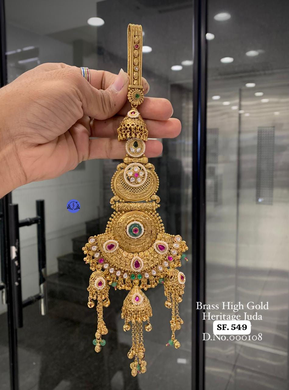 Thumbnail: Royal Brass High Gold Juda with Kundan & Ruby Stones Classic Bridal Jewelry
