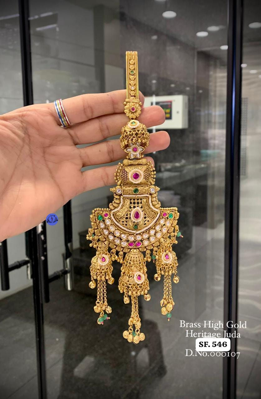 Thumbnail: Royal Brass High Gold Juda with Kundan & Ruby Stones Classic Bridal Jewelry