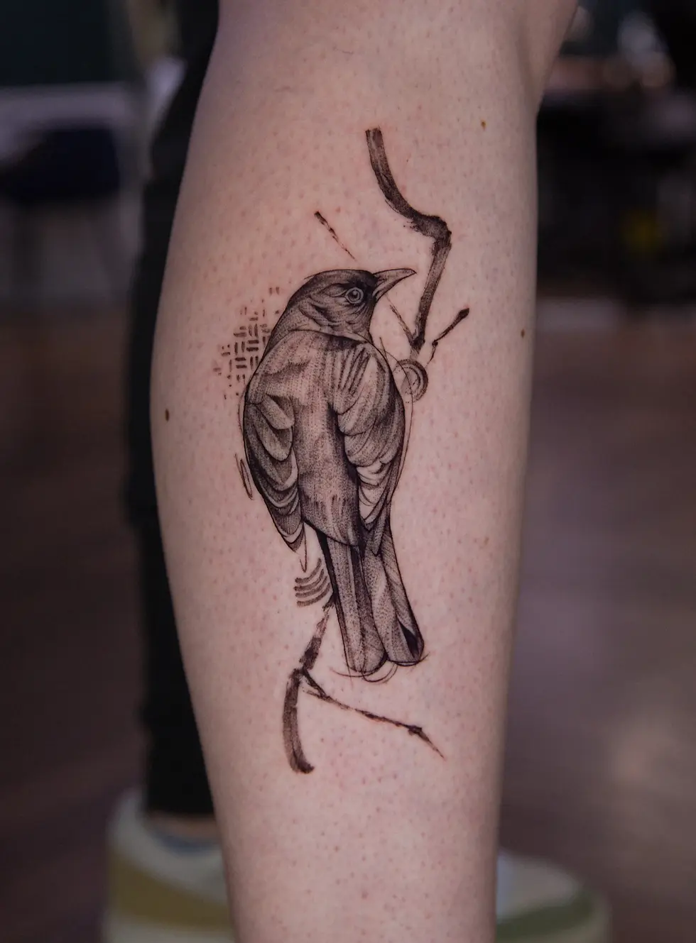 Feines Amsel Tattoo am Unterarm, detailreiche realistische Vogelillustration auf Ast mit zarter Schattierung im Black and Grey Stil.