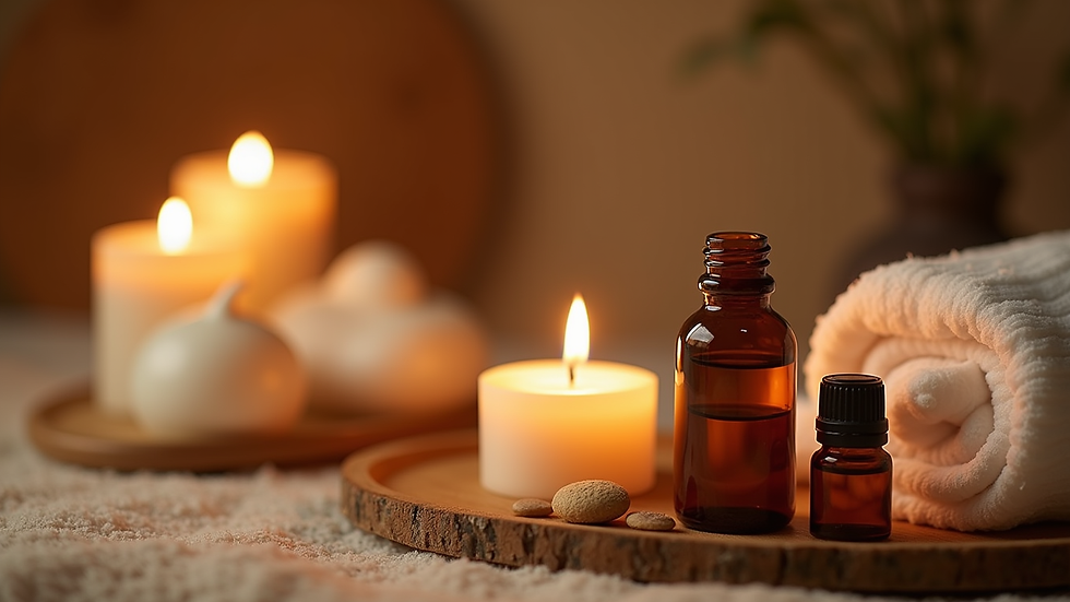 Close-up view of a serene spa setting with candles and essential oils