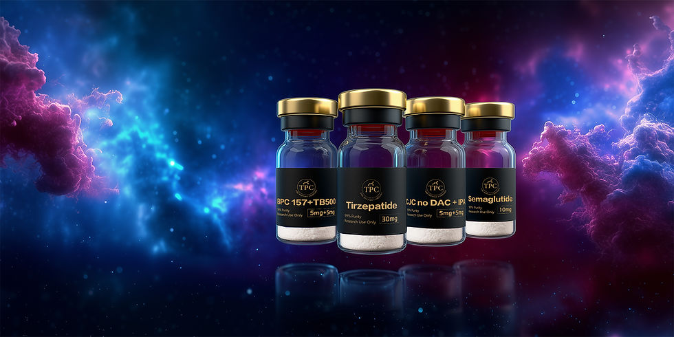 4 peptide vials lined in a row with a purple, blue, and black galaxy background
