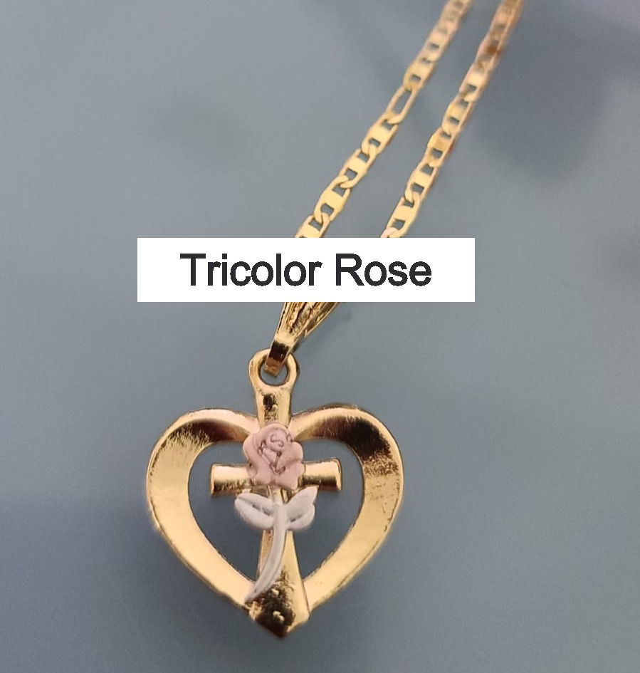 Miniatura: 14k Gold Plated Rose Flower Heart Pendant + Valentine Chain